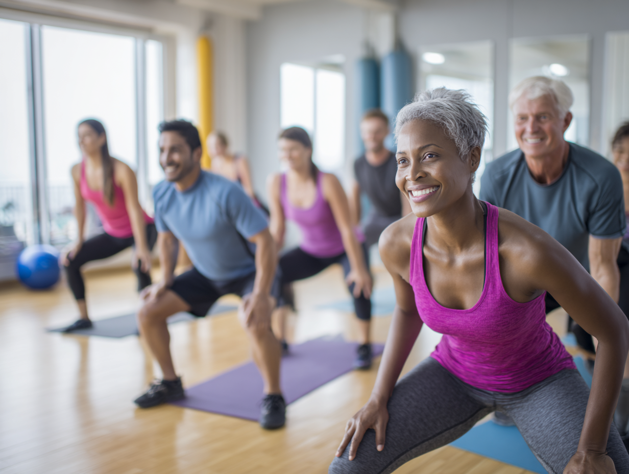 Тренер допомагає людям різного віку займатися спортом