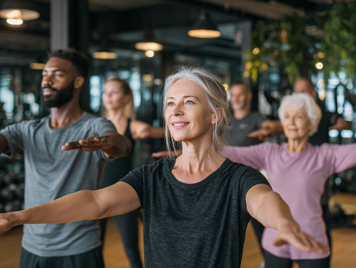 Група людей різного віку займається фітнесом у спортзалі